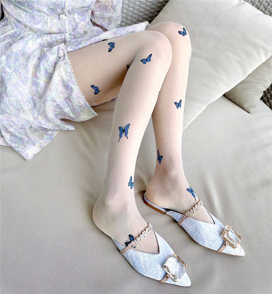 Blue Butterfly Print Sheer Stockings