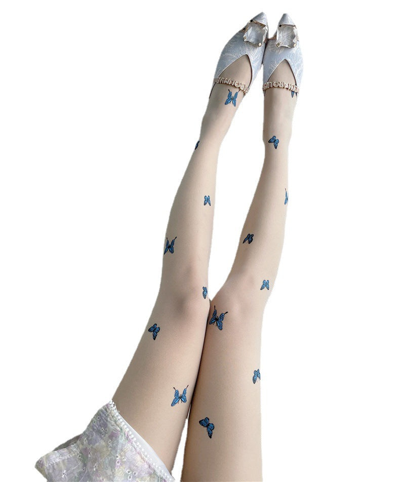 Blue Butterfly Print Sheer Stockings