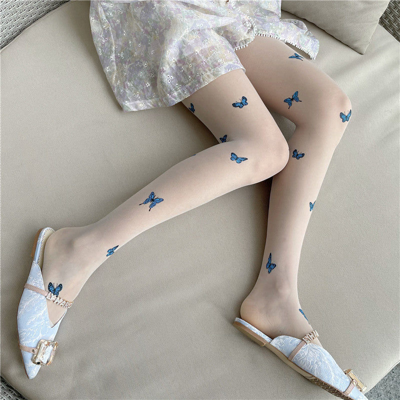 Blue Butterfly Print Sheer Stockings