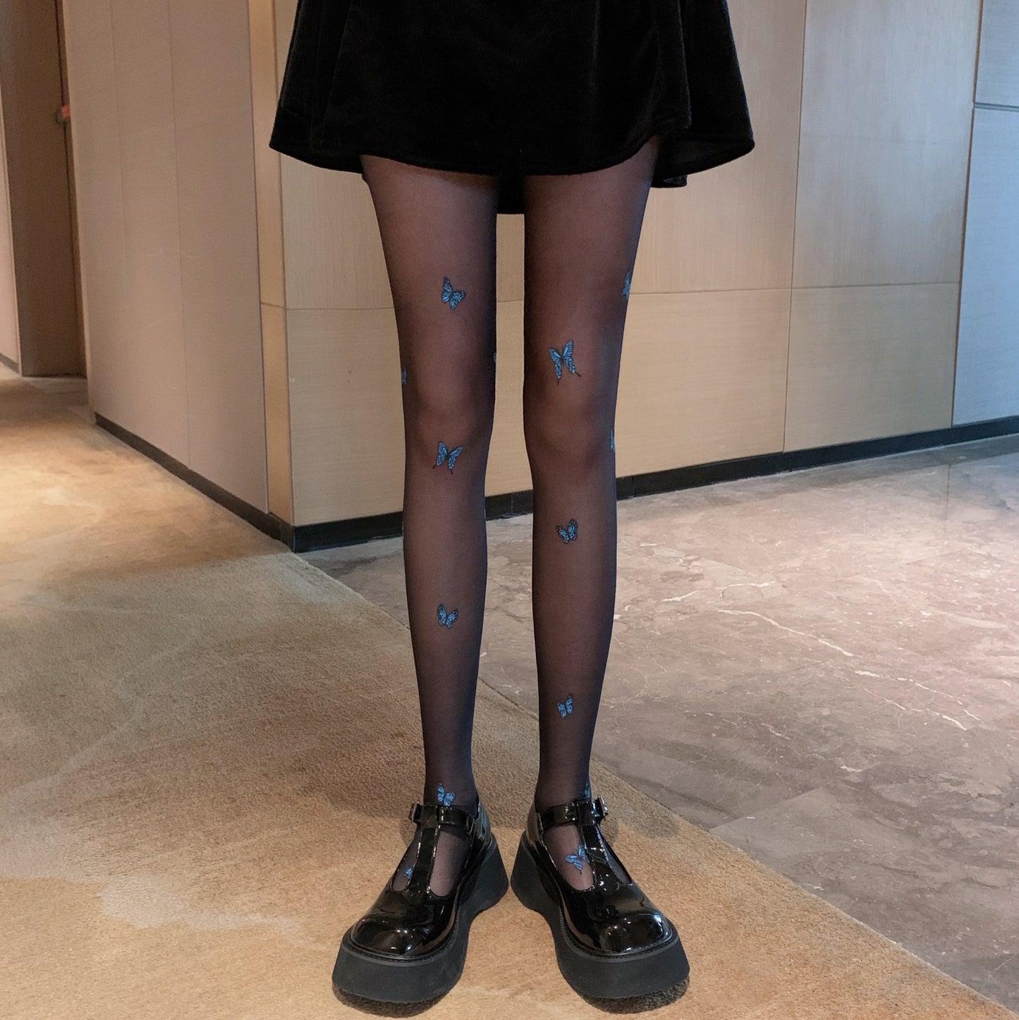 Blue Butterfly Print Sheer Stockings