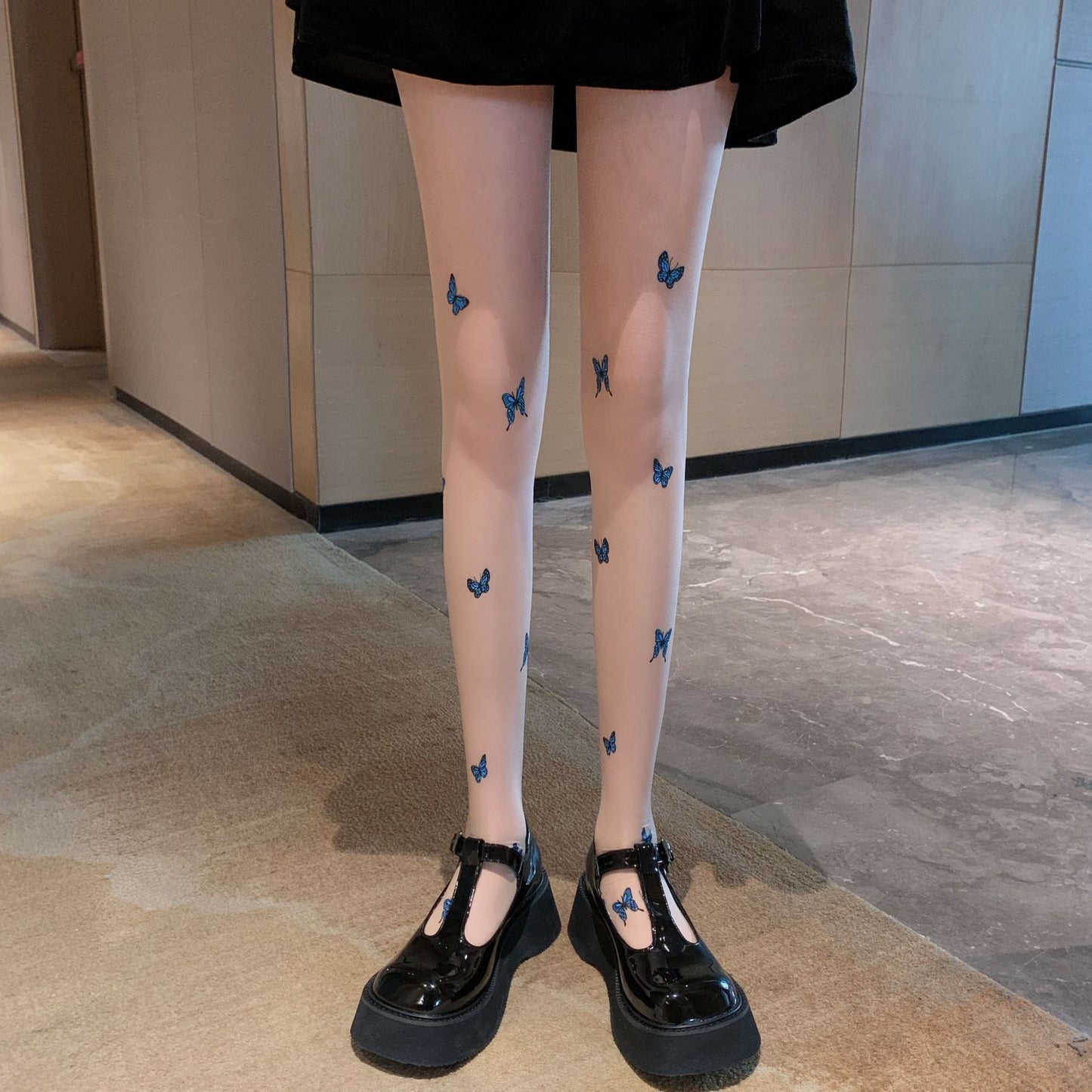 Blue Butterfly Print Sheer Stockings