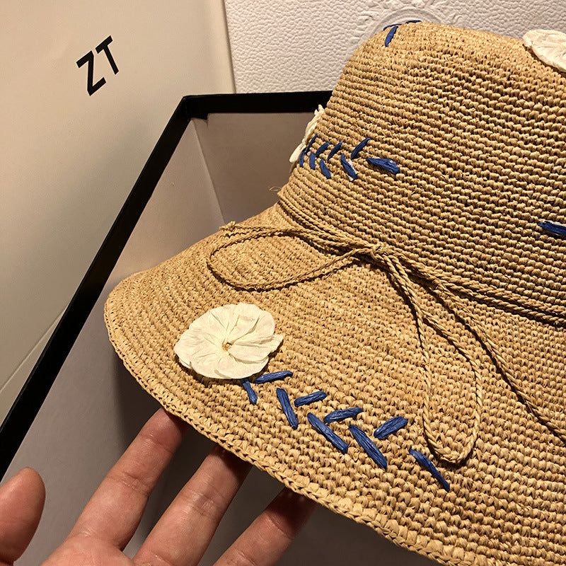 Embroidered Floral Raffia Sun Hat