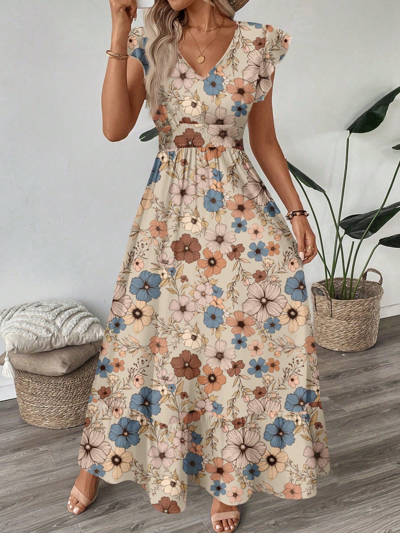 Printed Flared Sleeve Maxi Dress