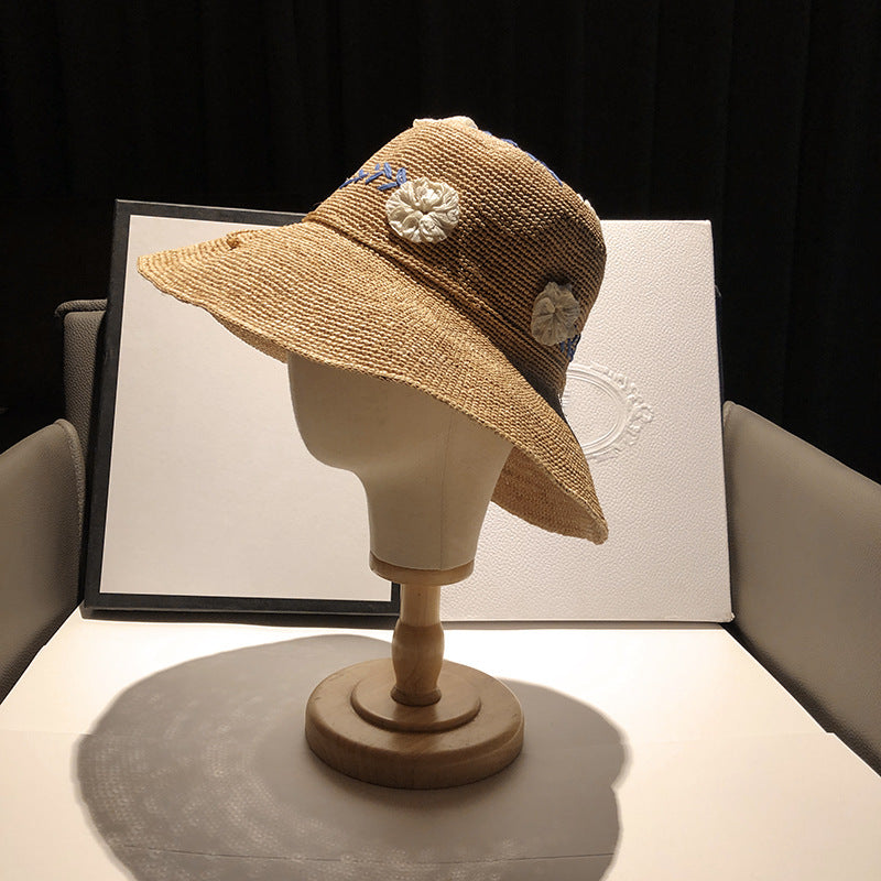 Embroidered Floral Raffia Sun Hat