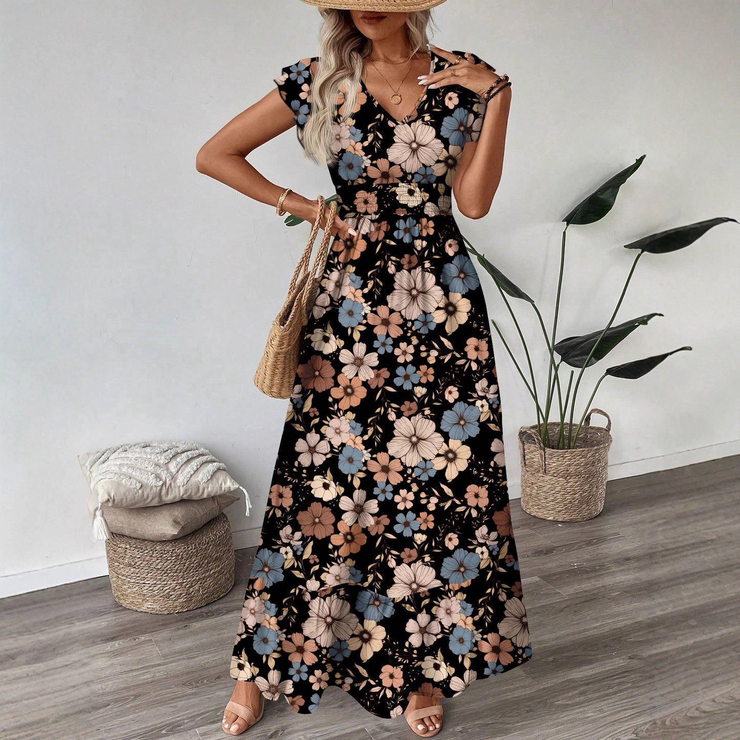 Printed Flared Sleeve Maxi Dress