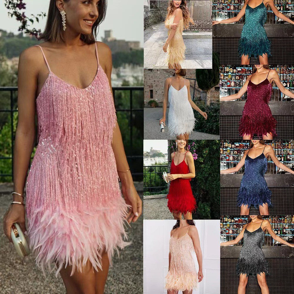 Sequin Feather Mini Dress