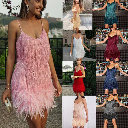 Sequin Feather Mini Dress