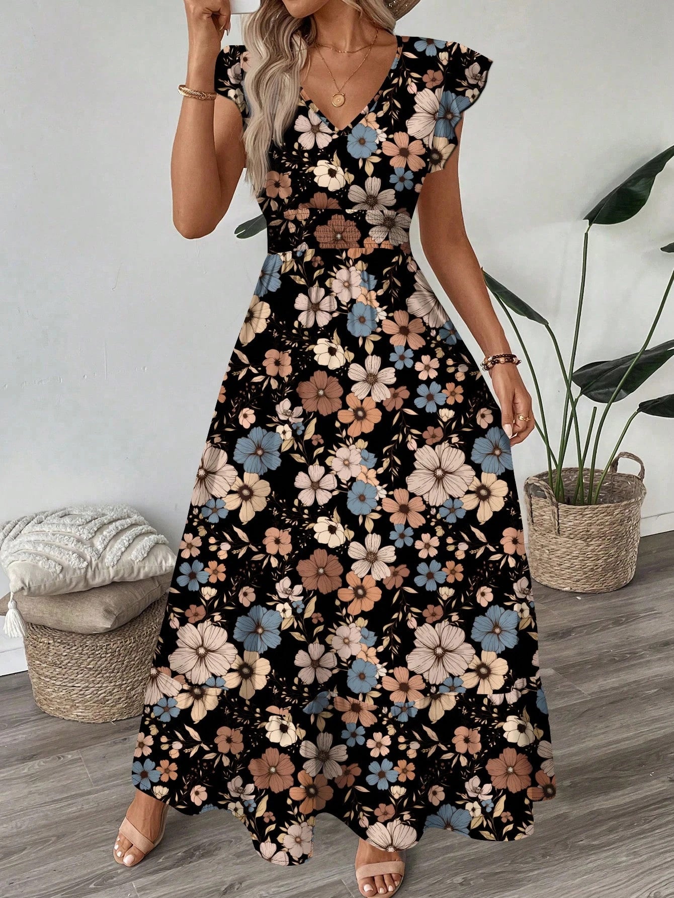 Printed Flared Sleeve Maxi Dress