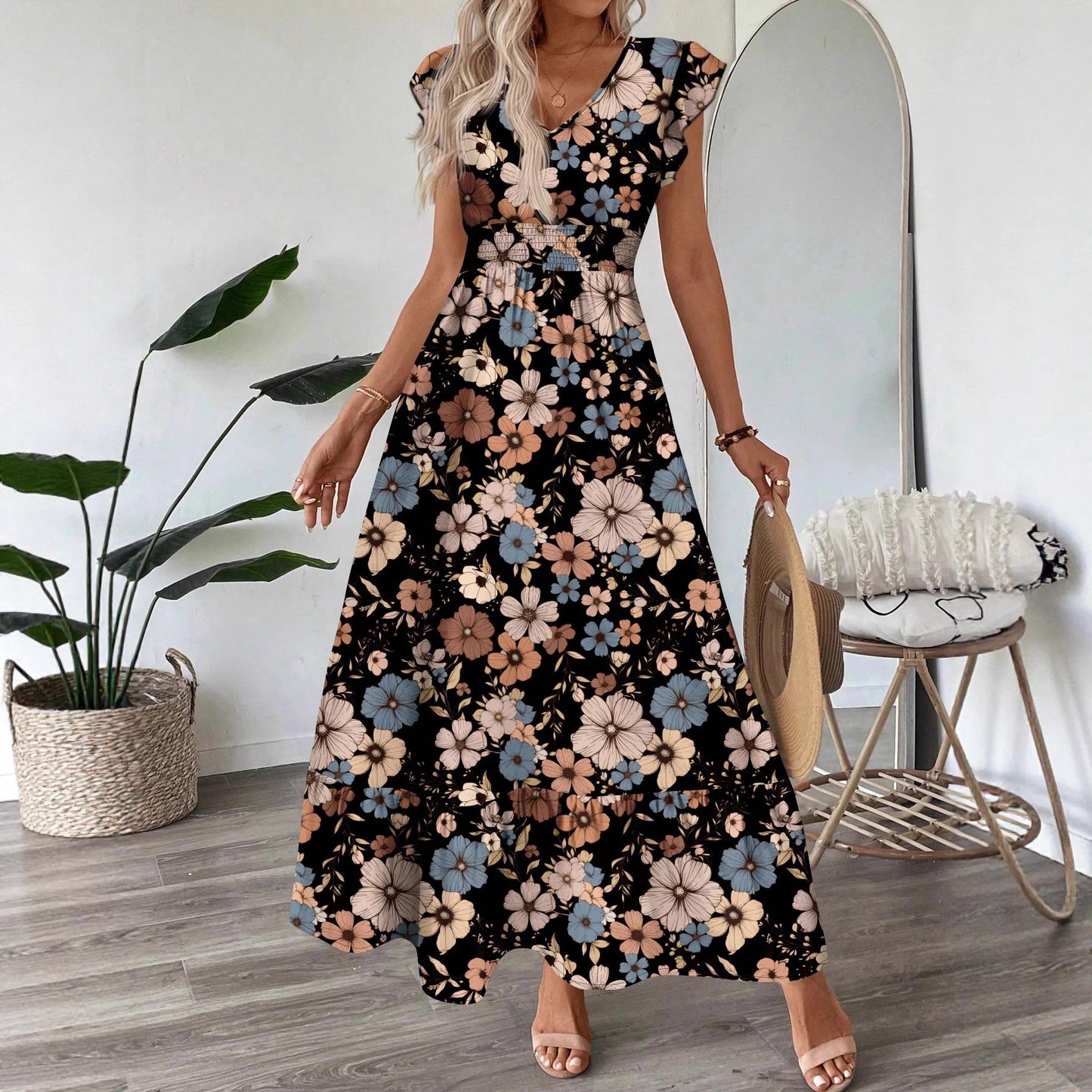 Printed Flared Sleeve Maxi Dress