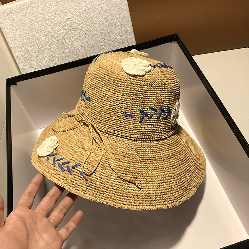 Embroidered Floral Raffia Sun Hat
