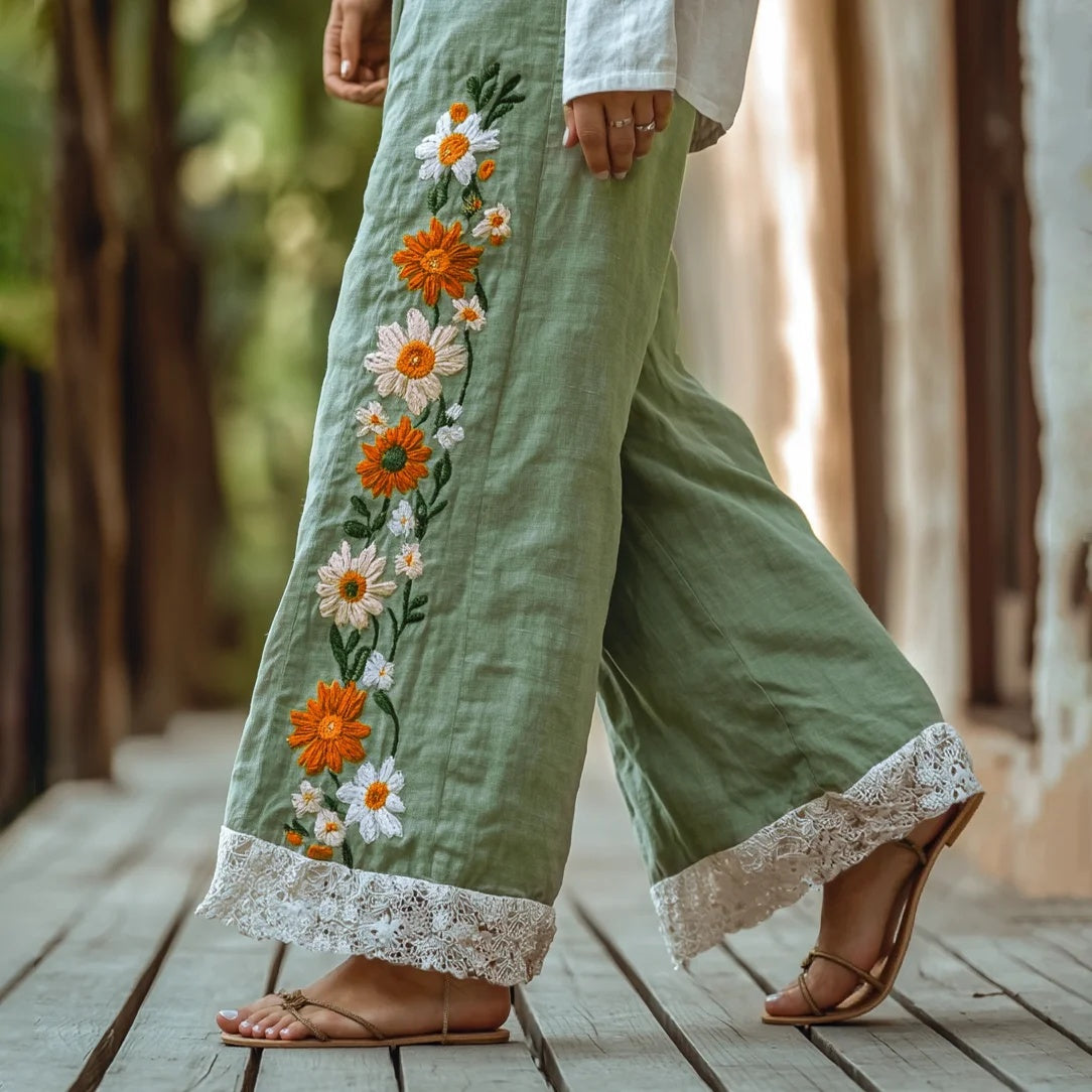Boho Floral Lace Wide-Leg Pants