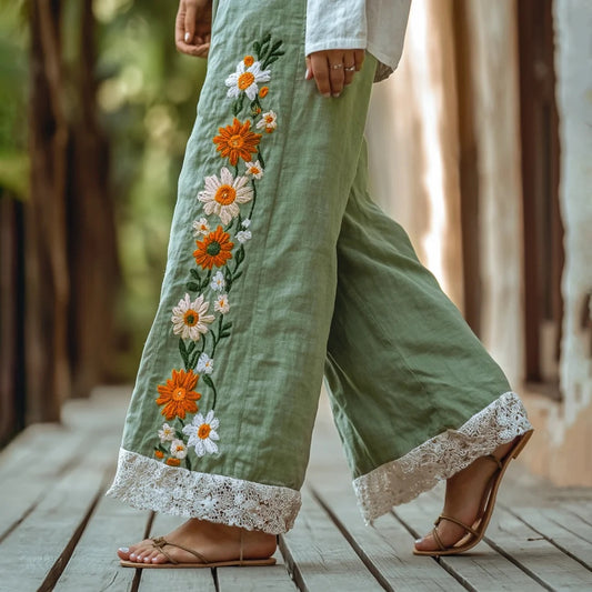 Boho Floral Lace Wide-Leg Pants