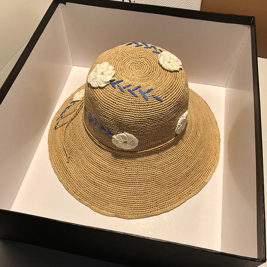 Embroidered Floral Raffia Sun Hat