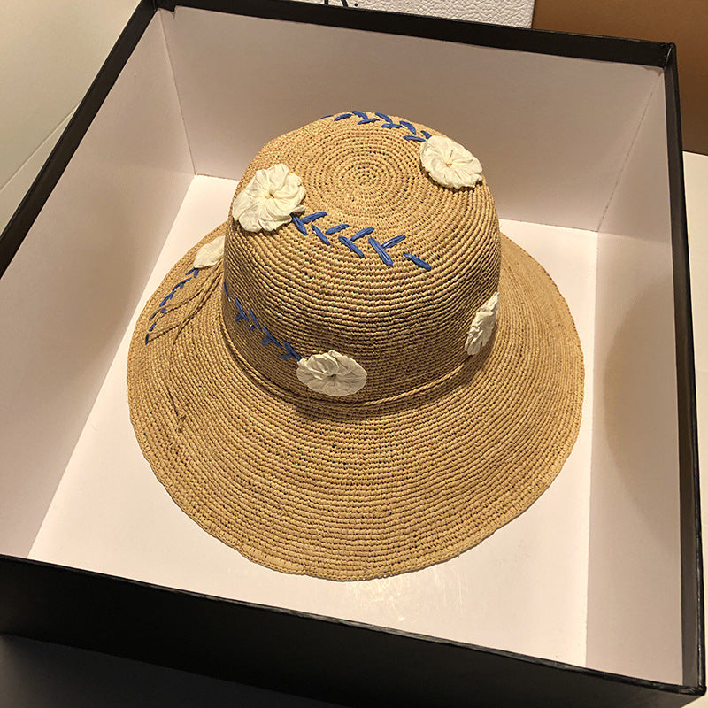 Embroidered Floral Raffia Sun Hat