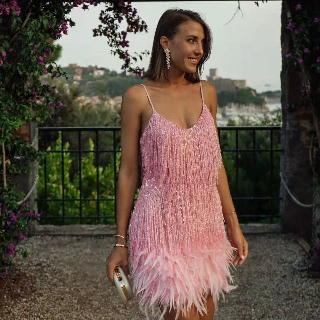 Sequin Feather Mini Dress